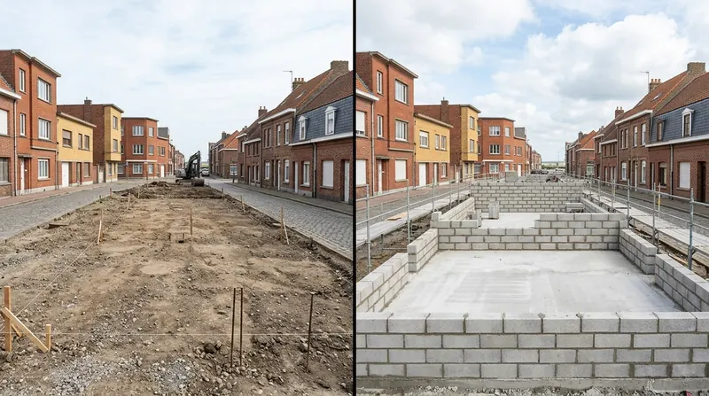 Gros œuvre, avant et après : terrain nu piqueté, puis dalle béton coulée et premiers rangs de parpaings