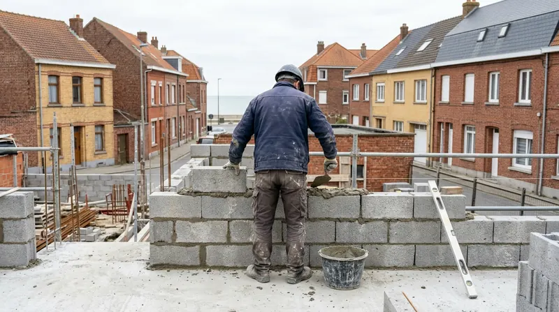 Montage d'un mur en parpaings sur une dalle béton, maisons de ville en brique autour
