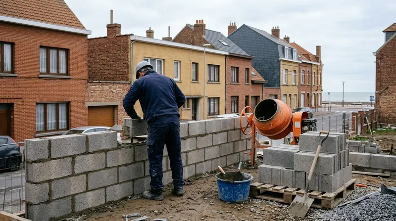 Montage d'un mur en parpaings sur un chantier à Dunkerque
