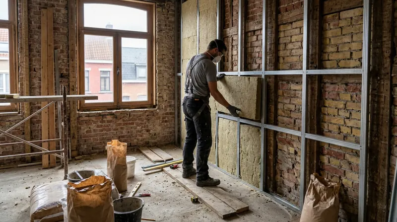 Pose de panneaux isolants sur ossature métallique contre un mur de brique, rénovation intérieure